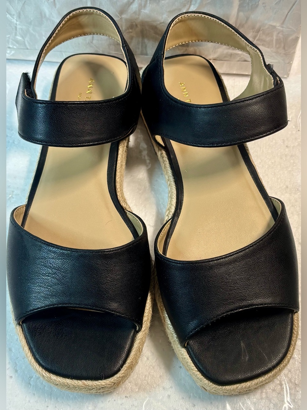 Ann Taylor Black Leather Espadrille Wedge Sandals
